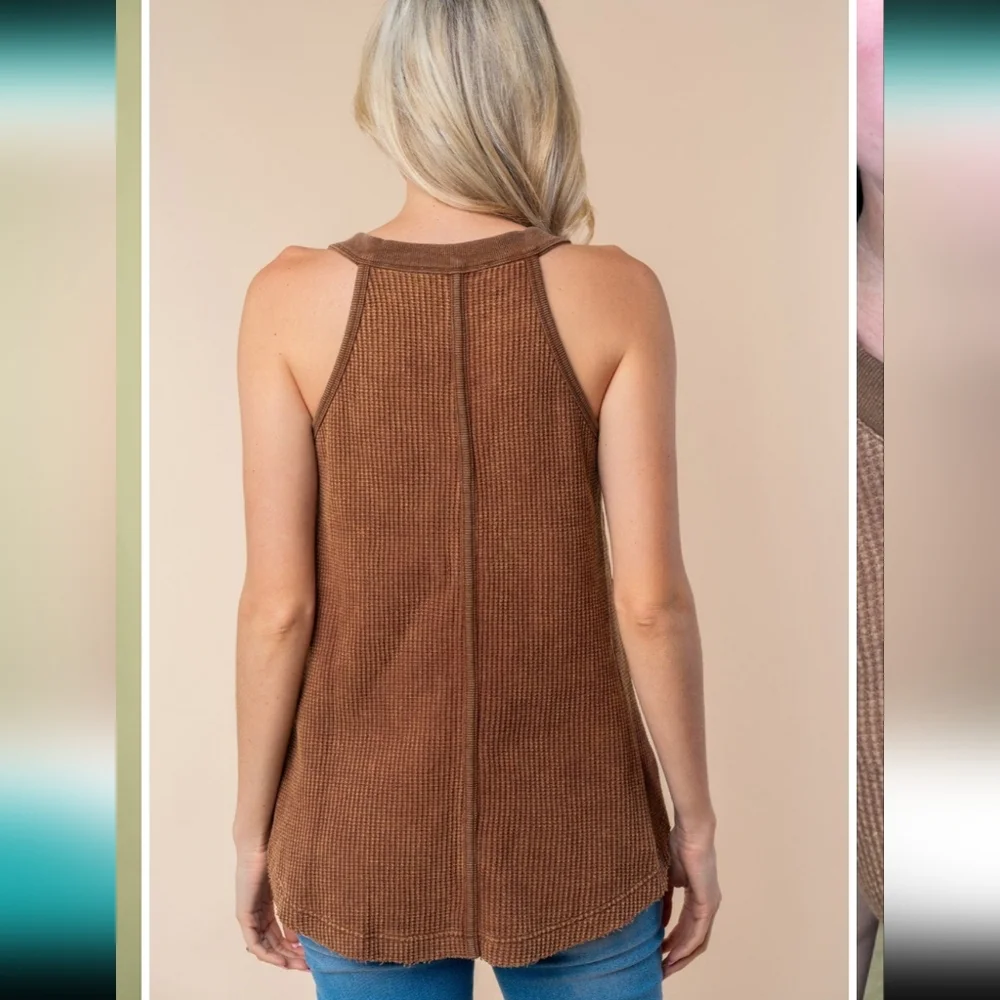 White BirchBrown Mineral Wash Waffle Knit Fray Rounded Hem Tank 100% Cotton - Picture 2 of 8